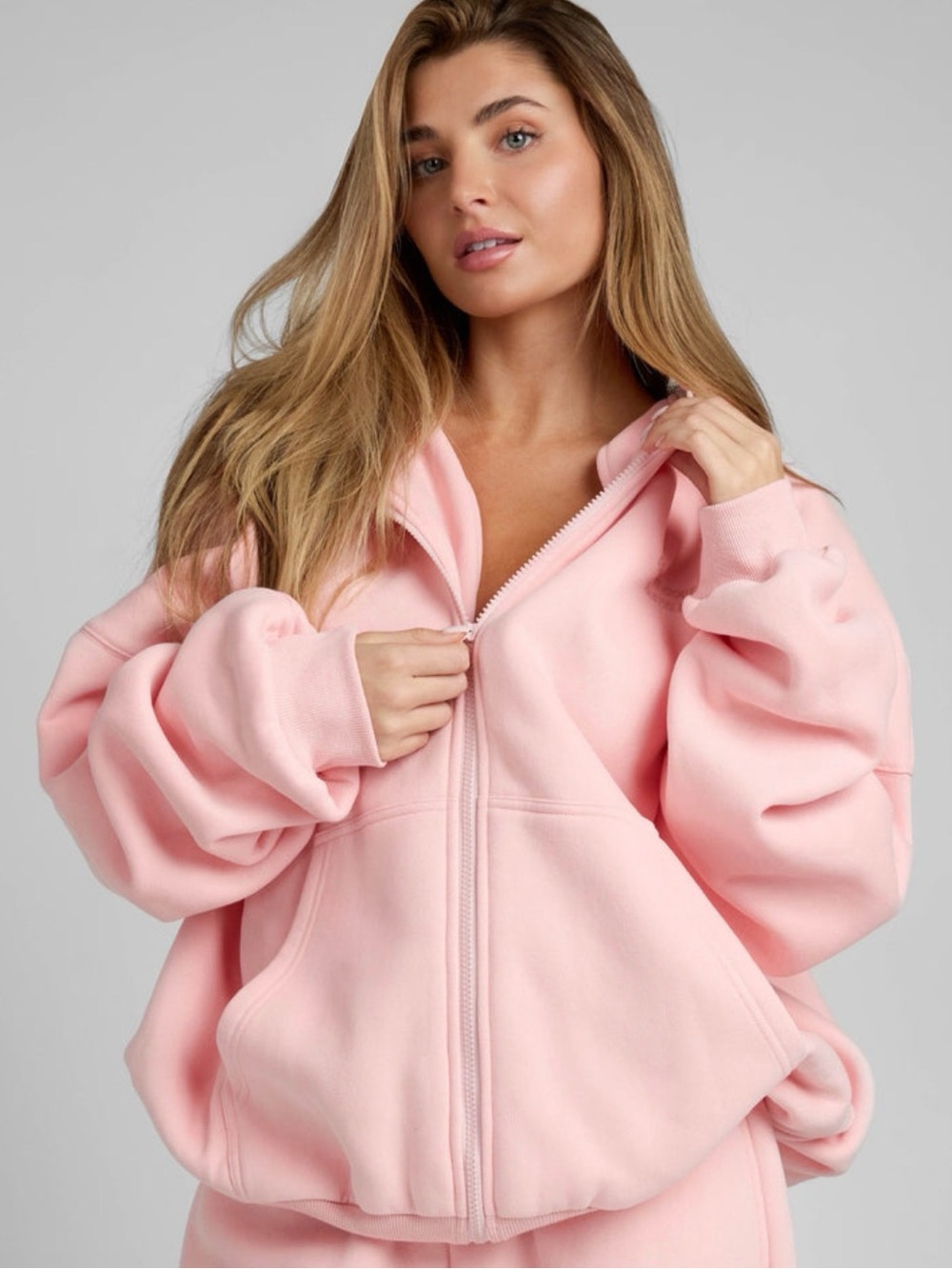 Pastel Pink Full-Zip Oversized Hoodie